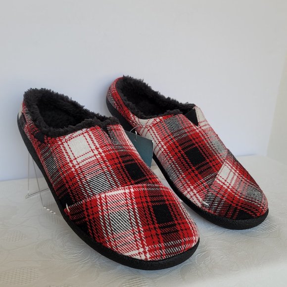 TOMS Mens Berkeley Faux Fur Lined Slip-On Slippers-Red Plaid- Men's Size 12 - Picture 5 of 15